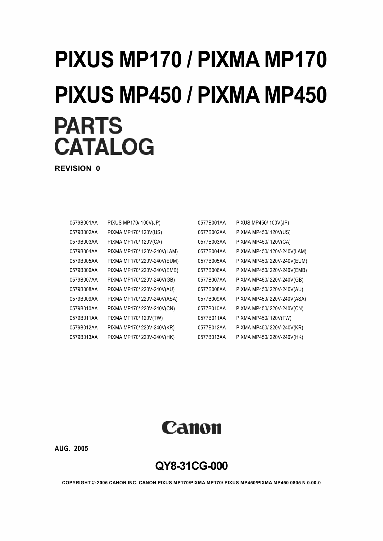 Canon PIXMA MP170 MP450 Parts Catalog Manual-1